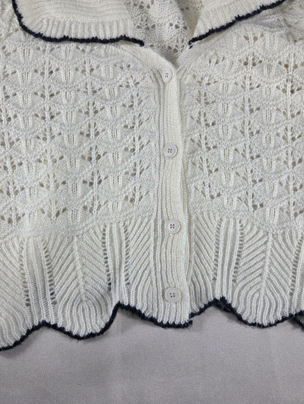 Böhme Ivory Pointelle Knit Scallop Hem Cardigan M - Picture 5 of 6